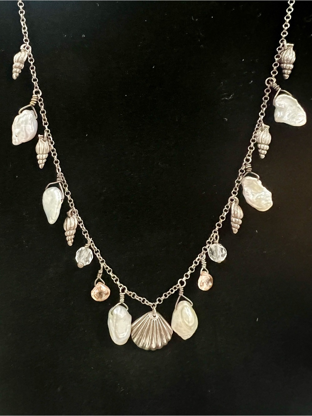 Sterling Silver Baroque Pearls Choker Necklace Seashell Charms Coastal Artisan